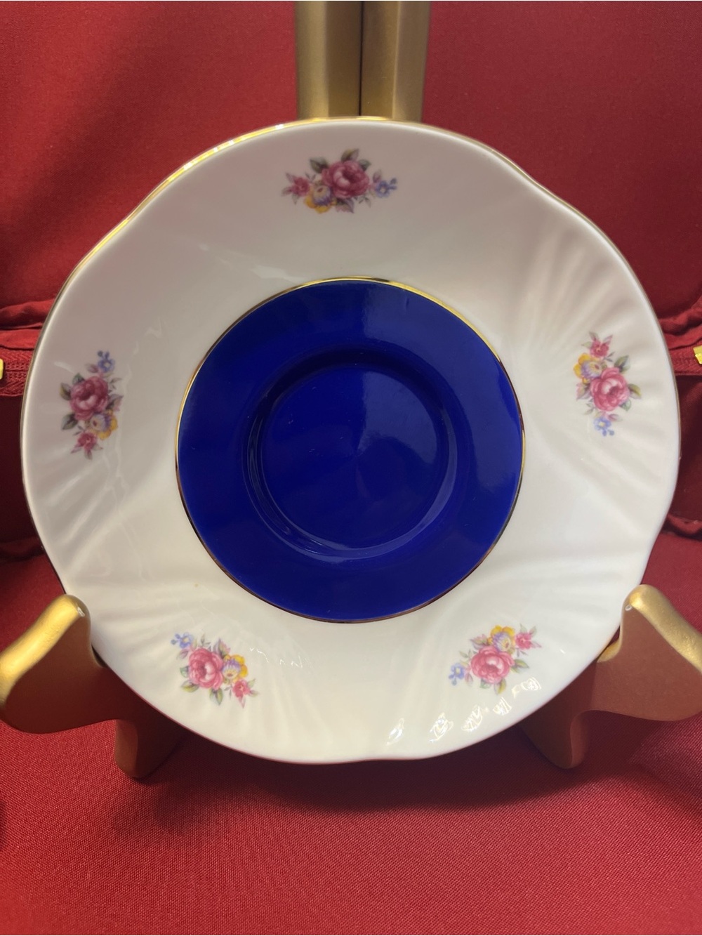 EUC - Staffordshire Cobalt Center Porcelain Saucer with Pink Rose Accents
